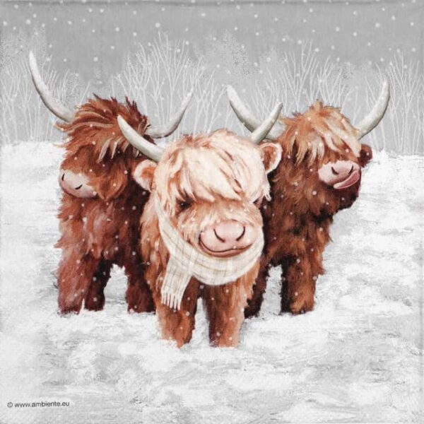Festive Christmas decoupage napkin featuring three adorable, shaggy Highland cows with horns standing in a snowy winter landscape, one wearing a striped scarf. Quarter of the napkin.