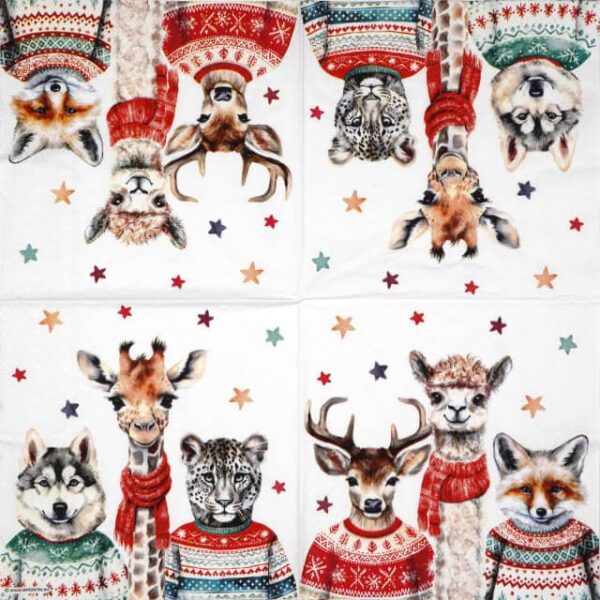 Full napkin design featuring 2x6 festive animals including a husky, giraffe, leopard, reindeer, alpaca, and fox, each wearing winter sweaters, on a white background with multicolour stars. Great for crafts and table décor.
