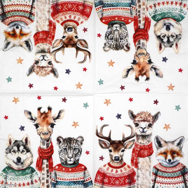 Full napkin design featuring 2x6 festive animals including a husky, giraffe, leopard, reindeer, alpaca, and fox, each wearing winter sweaters, on a white background with multicolour stars. Great for crafts and table décor.
