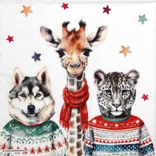 Festive napkin quarter featuring three cute animals — a husky in a green Christmas jumper, a giraffe with a red scarf, and a leopard in a colourful sweater — on a white background with scattered stars. Ideal for decoupage.