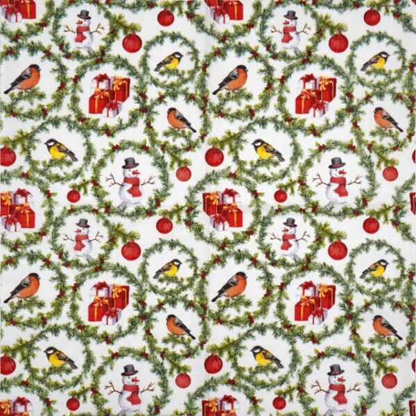 Festive Christmas decoupage napkin featuring a repeating pattern of green pine wreaths adorned with red berries, interspersed with colorful winter birds, cheerful snowmen, wrapped gifts, and red ornaments. Unfolded napkin.