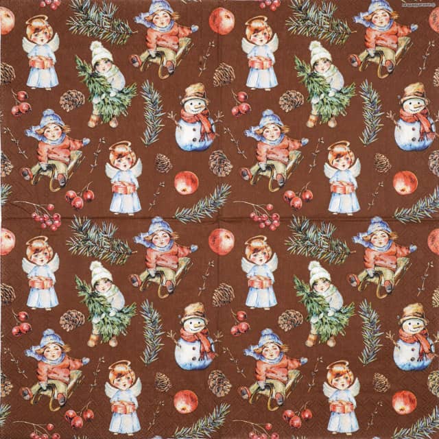 Festive Christmas decoupage napkin featuring a repeating pattern of bundled-up children playing in the snow, angels with gifts, snowmen, pine cones, and red berries on a rich brown background. Unfolded napkin.