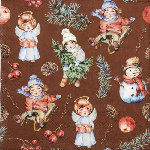 Festive Christmas decoupage napkin featuring a repeating pattern of bundled-up children playing in the snow, angels with gifts, snowmen, pine cones, and red berries on a rich brown background. Quarter of the napkin.