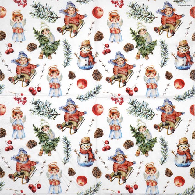 Festive Christmas decoupage napkin featuring a repeating pattern of bundled-up children playing in the snow, angels with gifts, snowmen, pine cones, and red berries on a white background. Unfolded napkin.