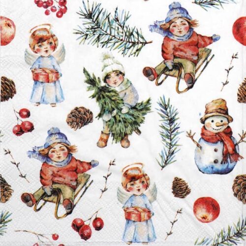 Festive Christmas decoupage napkin featuring a repeating pattern of bundled-up children playing in the snow, angels with gifts, snowmen, pine cones, and red berries on a white background. Quarter of the napkin.