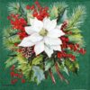 Festive Christmas decoupage napkin featuring a lush bouquet with a prominent white poinsettia, surrounded by vibrant red holly berries, green pine needles, and pine cones on a deep green background. Quarter of the napkin.