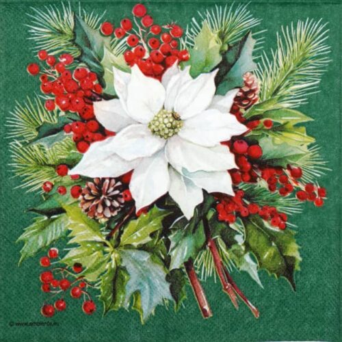 Festive Christmas decoupage napkin featuring a lush bouquet with a prominent white poinsettia, surrounded by vibrant red holly berries, green pine needles, and pine cones on a deep green background. Quarter of the napkin.