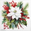 Festive Christmas decoupage napkin featuring a lush bouquet with a prominent white poinsettia, surrounded by vibrant red holly berries, green pine needles, and pine cones on a bright white background. Quarter of the napkin.