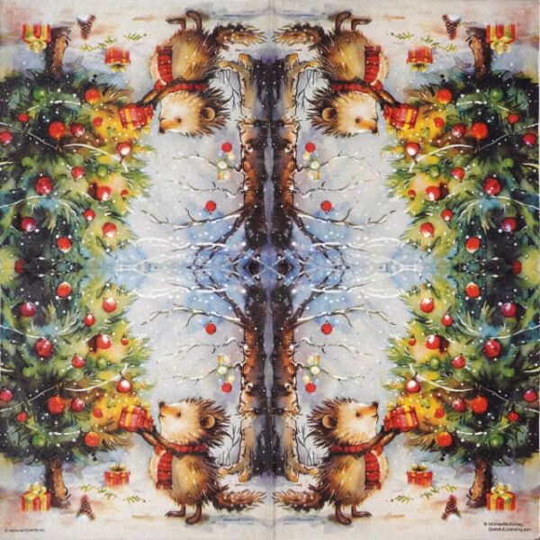 Full napkin showing a repeating design of a hedgehog placing a gift under a Christmas tree in the snow, with festive decorations and falling snowflakes. Suitable for decoupage and winter table décor.