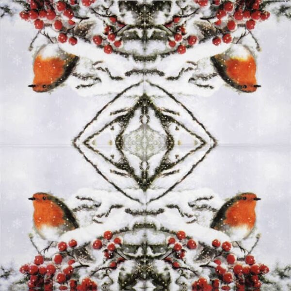 Winter-themed decoupage napkin featuring a vibrant red-breasted robin perched on a snow-covered branch adorned with red berries, with snowflakes falling in the background. Unfolded napkin.