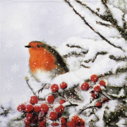Winter-themed decoupage napkin featuring a vibrant red-breasted robin perched on a snow-covered branch adorned with red berries, with snowflakes falling in the background. Quarter of the napkin.