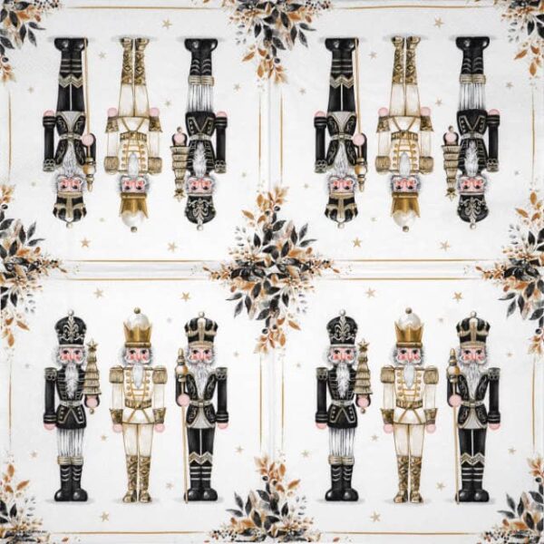 Christmas napkin featuring repeated regal nutcracker figures in black, white, and gold, surrounded by festive golden stars and subtle foliage on a white background.