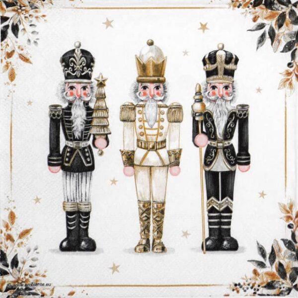 Elegant Christmas decoupage napkin featuring three regal nutcracker figures in black, white, and gold uniforms, with festive golden stars and subtle foliage borders on a white background. Quarter of the napkin.