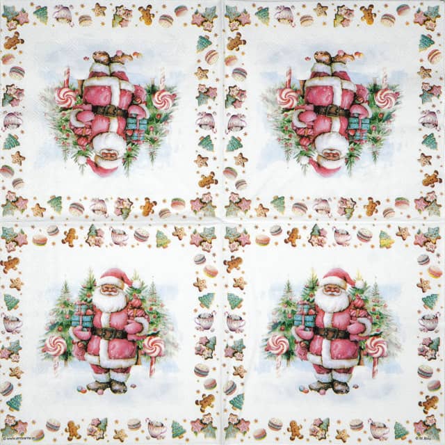 Festive Christmas decoupage napkin featuring a cheerful Santa Claus holding gifts in a snowy pine forest with lollipops, surrounded by a border of assorted Christmas cookies, macarons, and hot cocoa mugs. Unfolded napkin.