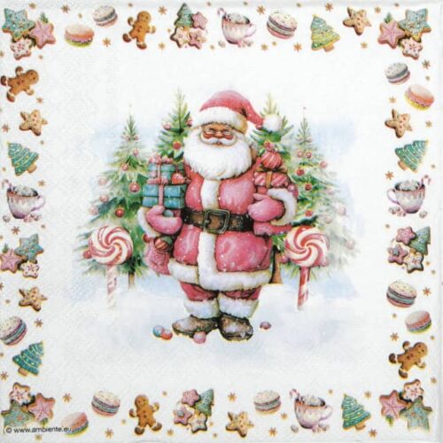 Festive Christmas decoupage napkin featuring a cheerful Santa Claus holding gifts in a snowy pine forest with lollipops, surrounded by a border of assorted Christmas cookies, macarons, and hot cocoa mugs. Quarter of the napkin.