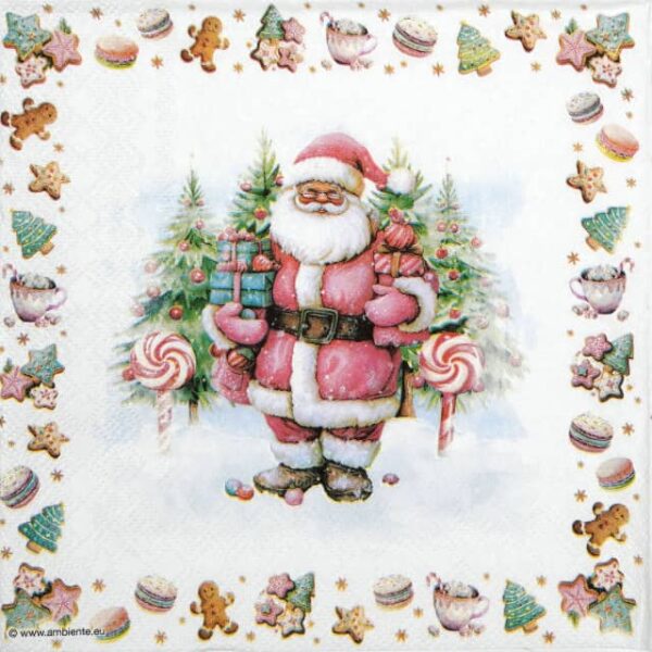 Festive Christmas decoupage napkin featuring a cheerful Santa Claus holding gifts in a snowy pine forest with lollipops, surrounded by a border of assorted Christmas cookies, macarons, and hot cocoa mugs. Quarter of the napkin.