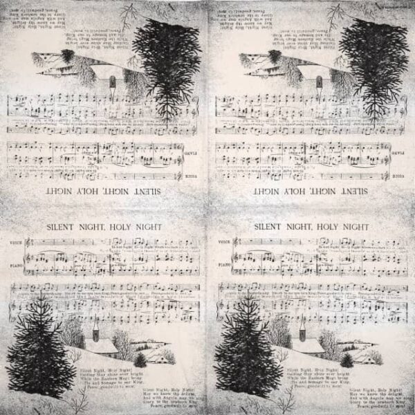 Full napkin with repeating design of the "Silent Night" musical score above a peaceful black and white snowy village with a church, houses, and trees. Ideal for decoupage and winter décor.