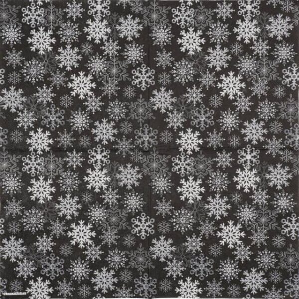 Full napkin with repeating pattern of white and silver snowflakes on a solid black background. Perfect for Christmas table settings and decoupage projects.