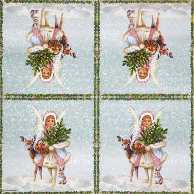 Vintage-style Christmas decoupage napkin featuring an angel-like figure with wings, holding a small decorated Christmas tree and a basket of apples, accompanied by a fawn and a rabbit in a snowy landscape with a green festive border. Unfolded napkin.