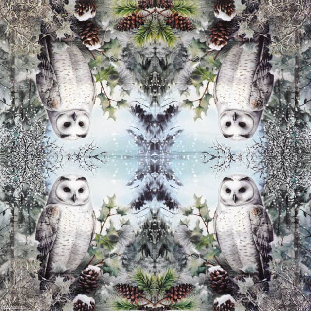Full winter-themed decoupage napkin featuring repeated majestic white snowy owls perched among snow-dusted pine branches, holly leaves, and pine cones, with gentle snowflakes falling softly in the background. Perfect for Christmas crafts and seasonal table décor.