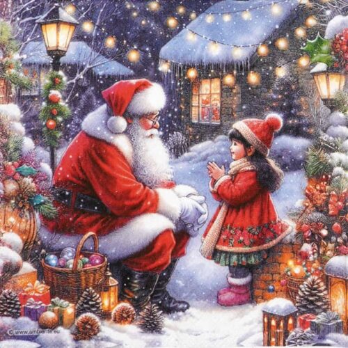 Quarter of a festive paper napkin showing a charming scene of children talking to Santa Claus, surrounded by Christmas decorations like holly, candy canes, and twinkling lights. Perfect for holiday decoupage and seasonal crafts.