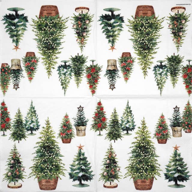 Festive Christmas decoupage napkin featuring a collection of assorted evergreen Christmas trees, some decorated with lights, ornaments, bows, or star toppers, against a white background. Unfolded napkin.