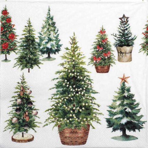 Festive Christmas decoupage napkin featuring a collection of assorted evergreen Christmas trees, some decorated with lights, ornaments, bows, or star toppers, against a white background. Quarter of the napkin.
