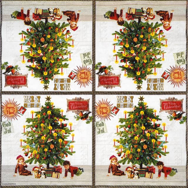 Nostalgic Christmas decoupage napkin featuring a beautifully decorated Christmas tree with lit candles, surrounded by children, a kitten, and a puppy wearing Santa hats, all with wrapped gifts, on a white background with vintage holiday greetings. Unfolded napkin.