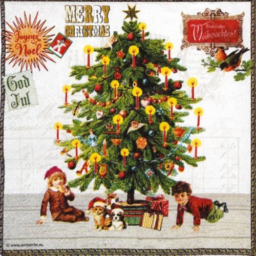 Nostalgic Christmas decoupage napkin featuring a beautifully decorated Christmas tree with lit candles, surrounded by children, a kitten, and a puppy wearing Santa hats, all with wrapped gifts, on a white background with vintage holiday greetings. Quarter of the napkin.
