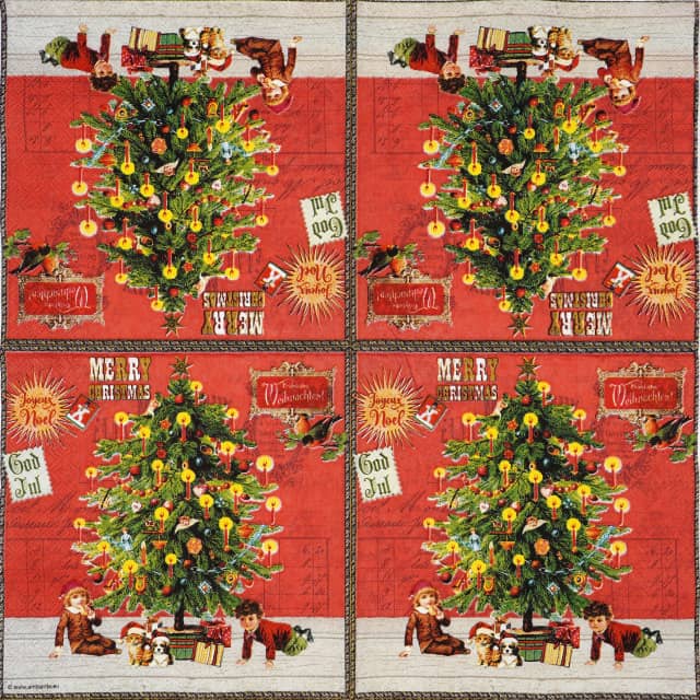 Nostalgic Christmas decoupage napkin featuring a beautifully decorated Christmas tree with lit candles, surrounded by children, a kitten, and a puppy wearing Santa hats, all with wrapped gifts, on a vintage red background with holiday greetings. Unfolded napkin.