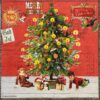 Nostalgic Christmas decoupage napkin featuring a beautifully decorated Christmas tree with lit candles, surrounded by children, a kitten, and a puppy wearing Santa hats, all with wrapped gifts, on a vintage red background with holiday greetings. Quarter of the napkin.