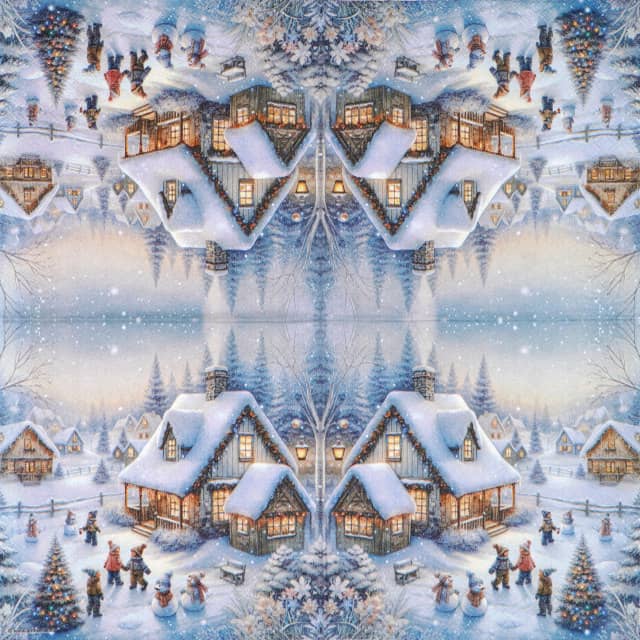Idyllic Christmas decoupage napkin depicting a charming, snow-covered village scene with a large, illuminated cottage, surrounded by pine trees, street lamps, and children playing and building snowmen. Unfolded napkin.