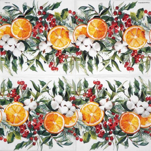 Festive winter-themed decoupage napkin featuring a horizontal border design of vibrant orange slices, red berries, green pine branches, and white cotton bolls on a clean white background. Unfolded napkin.