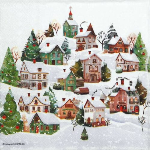 Peaceful winter-themed decoupage napkin depicting a snow-covered village at dusk, with illuminated cottages, a prominent church steeple, and snow-dusted trees under a gently falling snow. Quarter of the napkin.