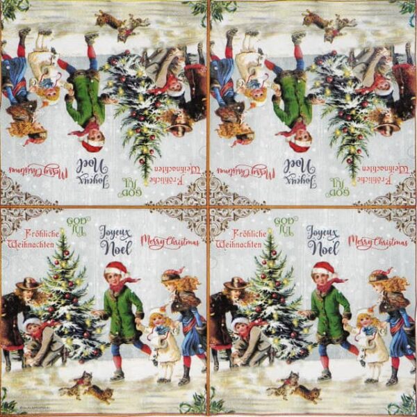 Nostalgic Christmas decoupage napkin featuring children and playful kittens ice skating around a festive Christmas tree, with holiday greetings in various languages across the top border. Unfolded napkin.