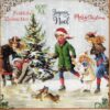 Nostalgic Christmas decoupage napkin featuring children and playful kittens ice skating around a festive Christmas tree, with holiday greetings in various languages across the top border. Quarter of the napkin.