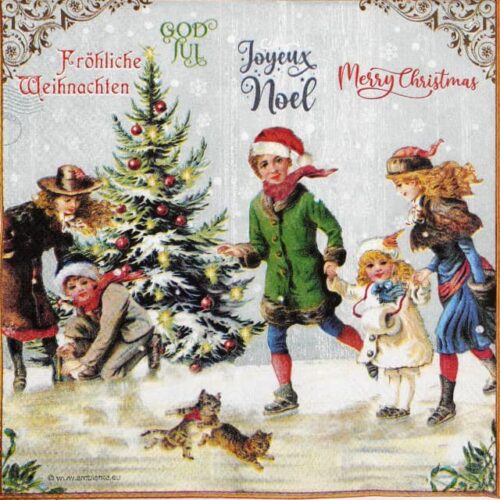 Nostalgic Christmas decoupage napkin featuring children and playful kittens ice skating around a festive Christmas tree, with holiday greetings in various languages across the top border. Quarter of the napkin.