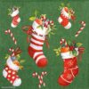 Quarter of a festive napkin featuring red and white patterned Christmas stockings filled with candy canes and holly, scattered with candy canes on a clean green background. Perfect for decoupage.