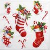 Quarter of a festive napkin featuring red and white patterned Christmas stockings filled with candy canes and holly, scattered with candy canes on a clean white background. Perfect for decoupage.
