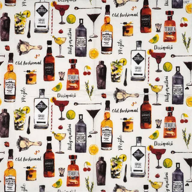 Full COCKTAILS FOR HIM cream decoupage napkin by IHR with vintage cocktail glasses and drinks illustrations in soft cream background