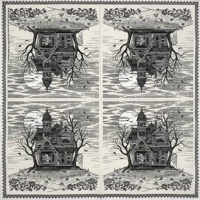 Full open view of Lady Jayne Abandoned House Halloween napkin, repeating haunted house design with pumpkins and moonlit sky