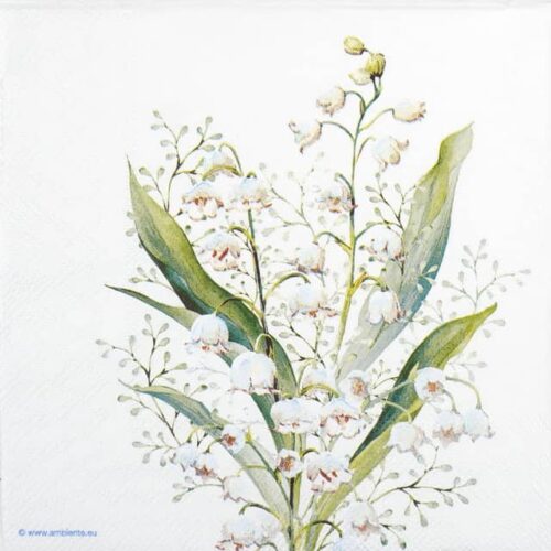 Decoupage napkin featuring four symmetrical arrangements of delicate white lily of the valley flowers with green leaves on a plain white background.