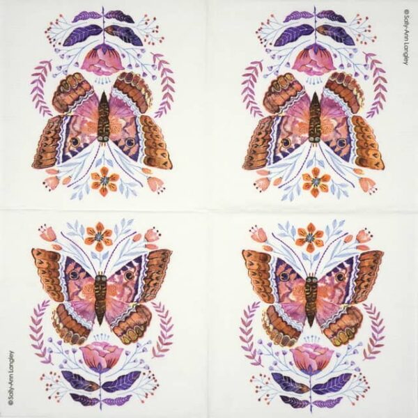 Full napkin layout showing repeating elegant butterflies with floral accents in brown, pink, and cream tones on a pale background