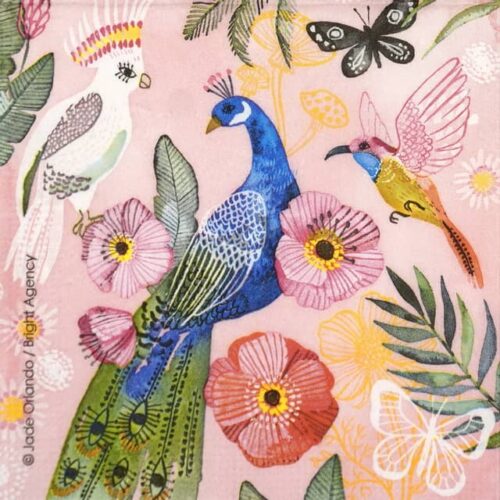 Close-up of Exotica cocktail napkin showing a colorful peacock and parrot perched among tropical leaves and pink, orange, and purple flowers on a pink background.