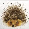 Cute Hedgehog paper napkin – close-up quarter of a hedgehog with brown spiky fur, white background, and ink splatters.