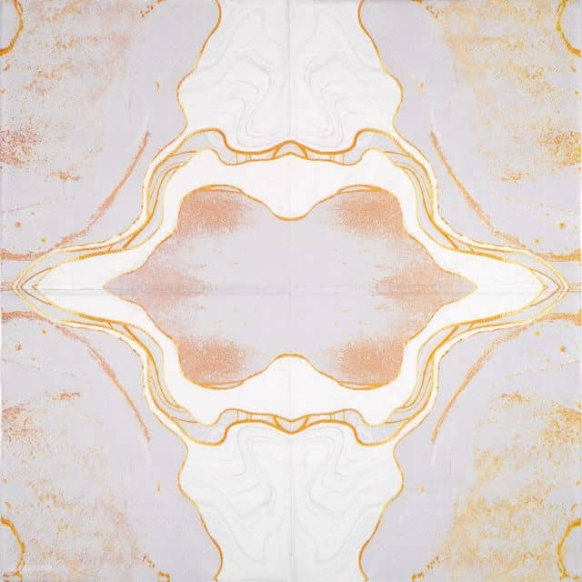 Lunch Decoupage Napkin Marble White: Full design showing a symmetrical, mirrored abstract pattern resembling a geode slice or diamond shape in white, grey, and metallic gold.