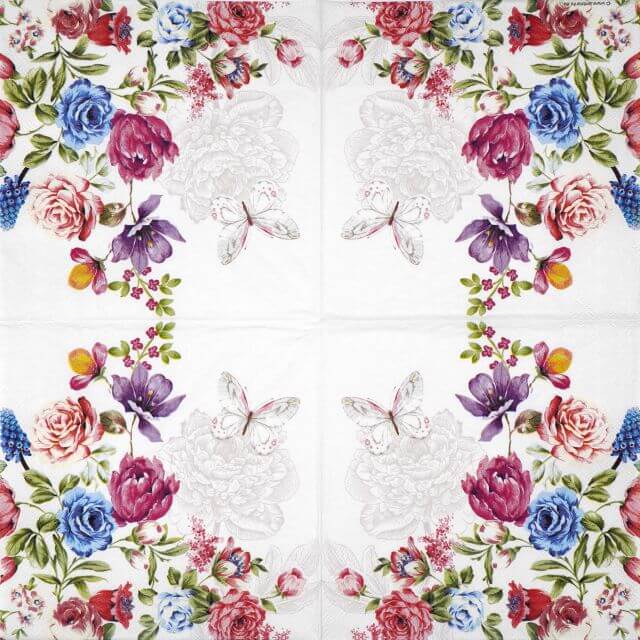 Lunch Decoupage Napkin Alba: Full 4-panel design showcasing a rich, colorful garden of roses and butterflies on a clean white background.