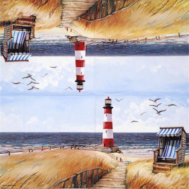 Full view of the Ambiente Beach walk napkin showing a symmetrical, mirrored arrangement of the coastal lighthouse and boardwalk scene on all four panels.