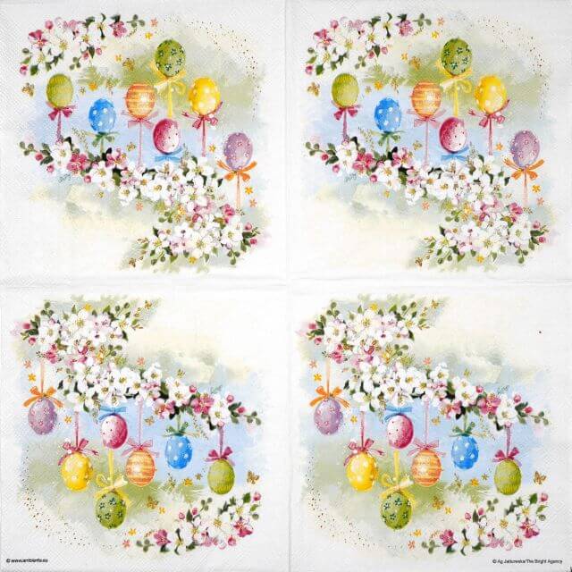 Blossom and Eggs paper napkin Ambiente showing the full amazing small-scale Easter design with four identical nostalgic scenes of hanging eggs and spring blossoms, perfect for stunning table decor.