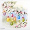 Folded Ambiente 'Blossom and Eggs' napkin featuring colorful Easter eggs hanging from a garland of spring blossoms.